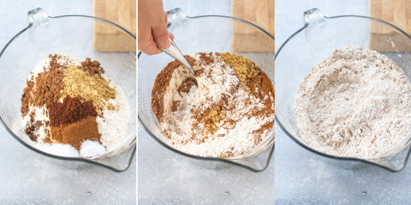 A collage showing the dry ingredients being added and mixed in a bowl.