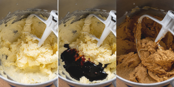 A collage showing the egg, molasses, and corn syrup being beat into the dough.