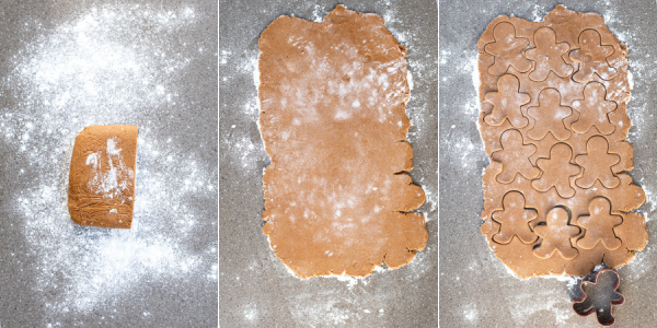 A collage showing the cookies being rolled and cutout of the dough.