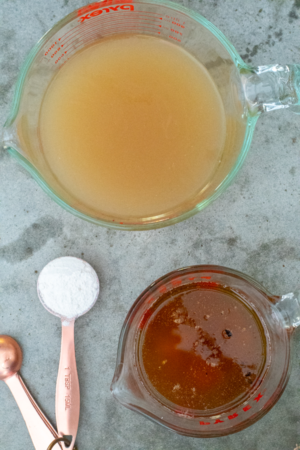 The three ingredients needed to make gravy, turkey drippings, broth, and flour.