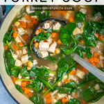 Pinterest Pin with text Healthy Leftover Turkey Soup, image of a large dutch oven filled with a colorful turkey soup.