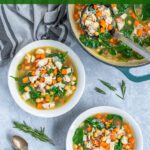 Pinterest Pin with text Healthy Leftover Turkey Soup, image of bowls and pot filled with a colorful turkey soup with spinach, beans, and carrots.