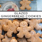 Pinterest Pin with text overlay, Glazed Gingerbread Cookies. Image of gingerbread cookies on a wire rack.