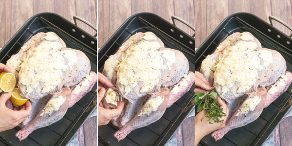 Collage of photos showing aromatics being added to the empty cavity of the raw turkey.