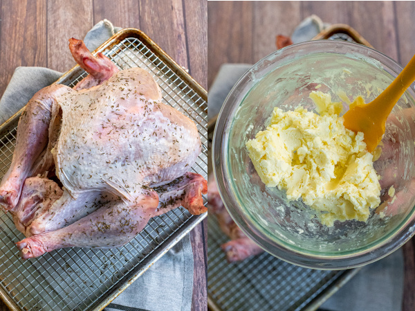 Collage showing the turkey after being dry brined and the garlic butter rub in a bowl.