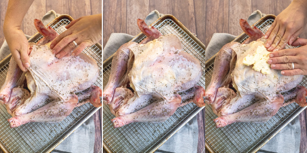 Collage showing hands buttering a turkey with garlic butter.