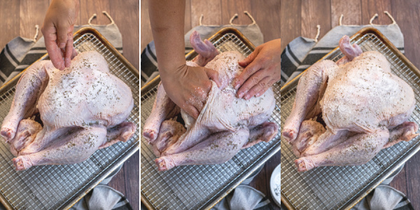 Collage showing turkey being salted for the dry brine including lifting up the skin to add the salt.