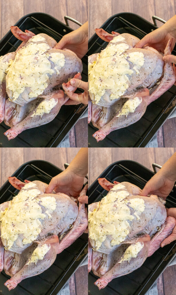 A collage showing how to tuck the tip of the wing under the turkey for a more even and better roast.