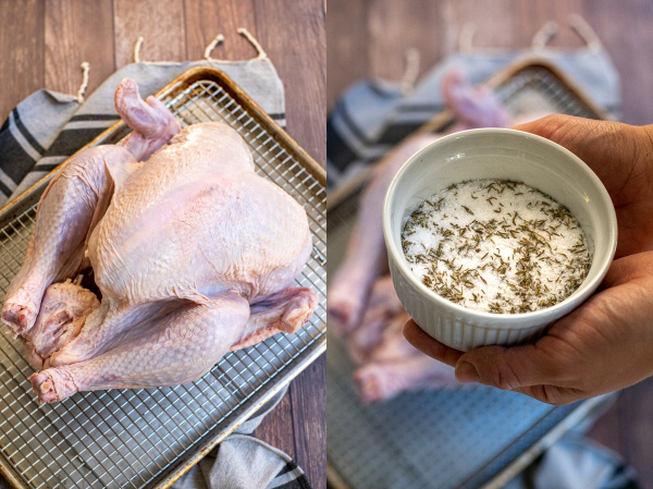 Collage showing a turkey on a wire rack and a bowl full of salt with a little dried thyme.