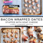 Pinterest Pin with text overlay 'Bacon Wrapped Dates with Goat Cheese a perfect three ingredient appetizer'. Image of bacon wrapped dates placed on a white plate.