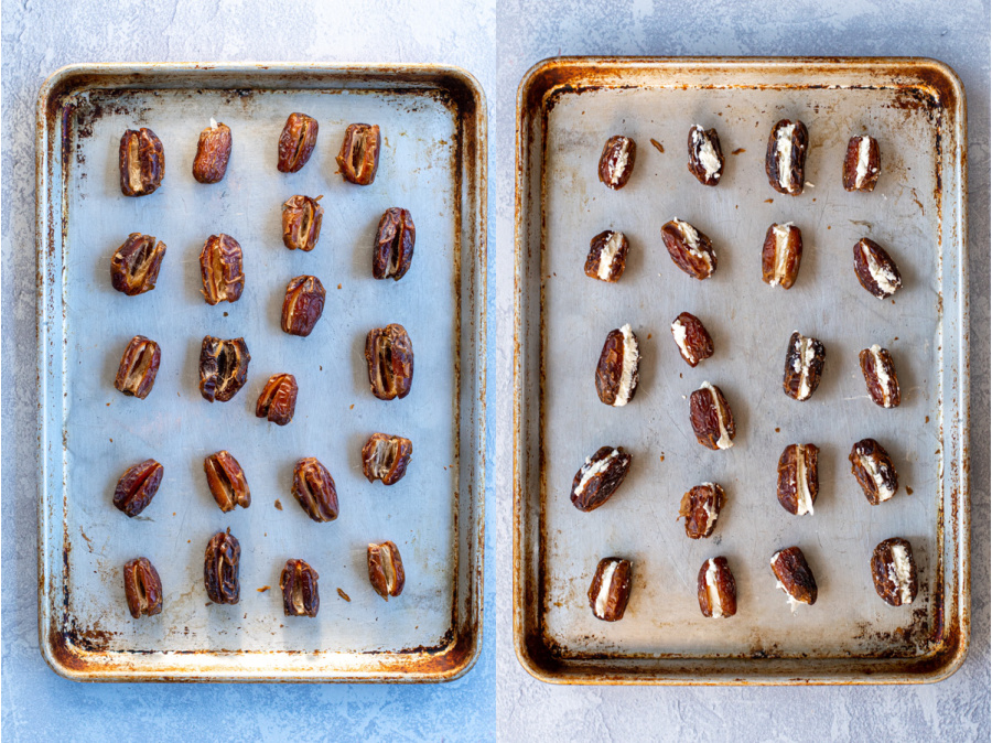 Collage showing the steps of pitting the dates and stuffing them with goat cheese and placing them in a sheet tray.