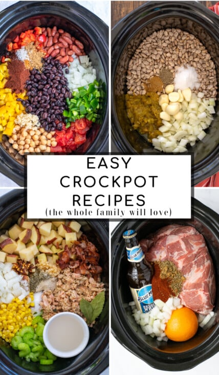 Photo collage of different crockpot meals with text overlay 'Easy Crockpot Recipes'.
