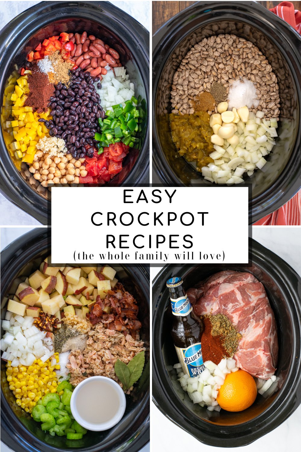 Photo collage of different crockpot meals with text overlay 'Easy Crockpot Recipes'.