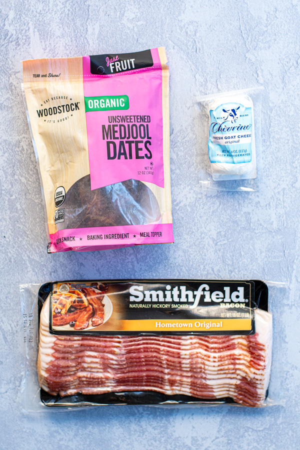 The three ingredients need to make roast cheese stuffed bacon wrapped dates.