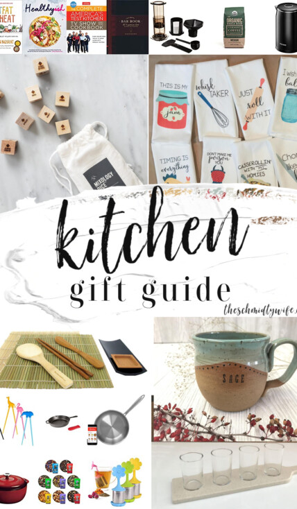 A Pinterest Pin Kitchen Gift Guide image of a collage of kitchen gifts.