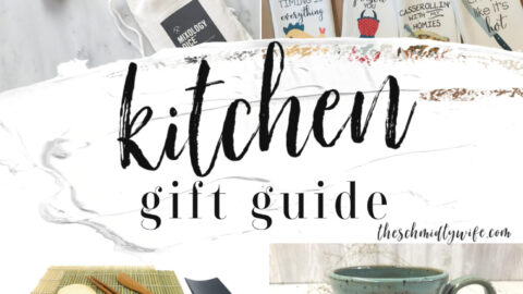 A Pinterest Pin Kitchen Gift Guide image of a collage of kitchen gifts.