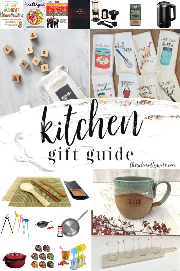 A Pinterest Pin Kitchen Gift Guide image of a collage of kitchen gifts.