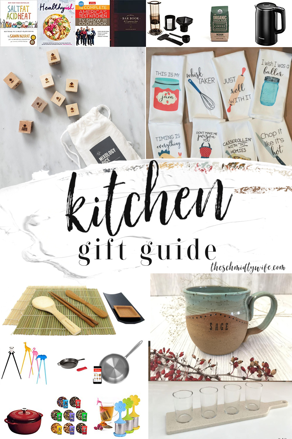 A Pinterest Pin Kitchen Gift Guide image of a collage of kitchen gifts.