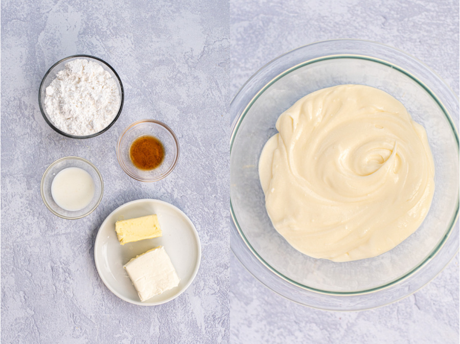 The ingredients and final recipe for the cream cheese frosting.