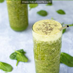 Pinterest Pin with text over lay 'Green Smoothie for energy'. Image of glass full of bright green smoothie.