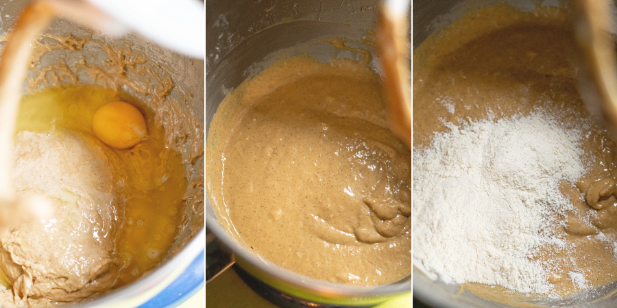 Collage showing adding eggs and more flour to the bowl of a stand mixer.