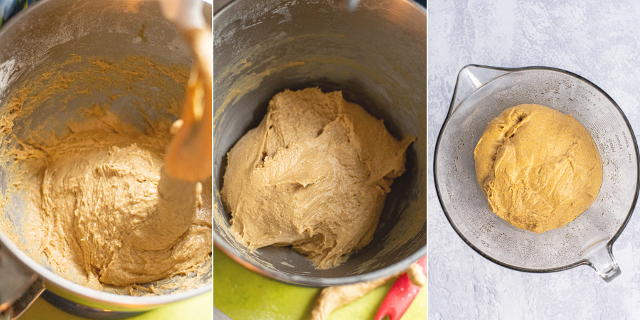 Collage of the dough of the Gingerbread Cinnamon Rolls being kneaded and transferred to a bowl to rise.