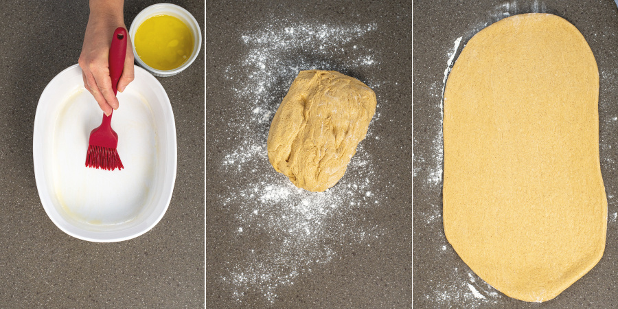 Collage of buttering a baking dish. And the risen dough on a clean floured surface, and the dough rolled out into a rectangle.