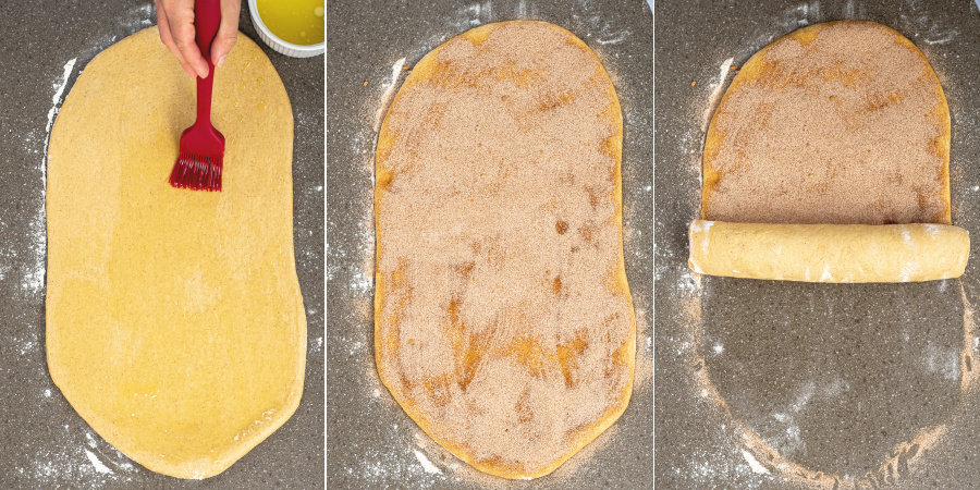 Collage of buttering the rolled out dough, adding the filling, and rolling up the dough.