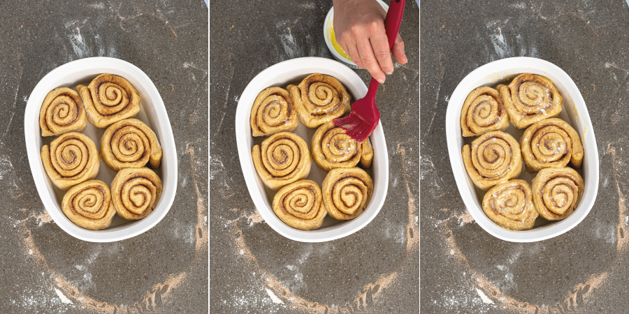 Collage of the rolls being placed in a dish, being buttered, and ready to rise in the fridge.