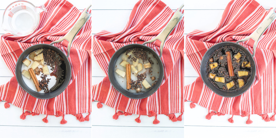 Collage of the making of gingerbread simple syrup in a small sauce pan with the spices and sugar turning into a dark colored simple syrup.
