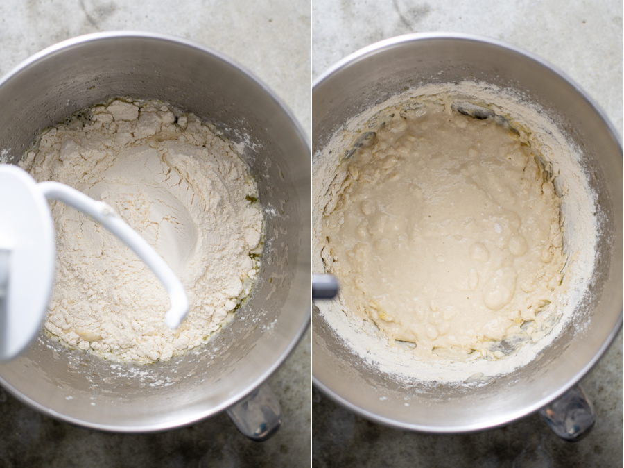 Collage of flour being adding to a stand mixer.