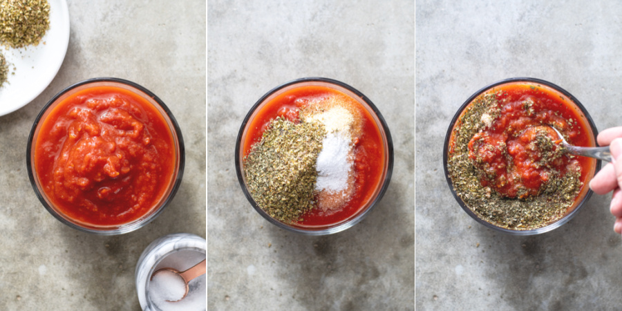 Collage showing the 3 steps of adding the tomatoes to the bow, adding the spices, and mixing them together to form a sauce.