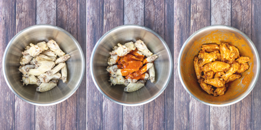 Collage of the cooked wings in a large bowl and being tossed together in the hot sauce.