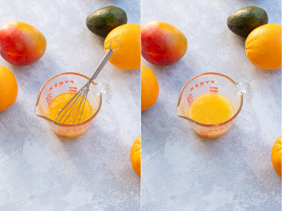 Collage showing a simple orange Vinaigrette being made in a glass measuring cup.