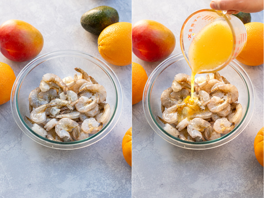 Collage showing an orange marinade being poured onto a bowl of raw shrimp for marinating before grilling.