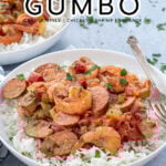 Pinterest Pin with text overlay "Crockpot Gumbo (creole style, chicken, shrimp, sausage)". Image of cooked red gumbo over a bed of rice.