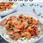Pinterest Pin with text overlay "Crockpot Gumbo". Image of cooked red gumbo on a bed of rice in a bowl.