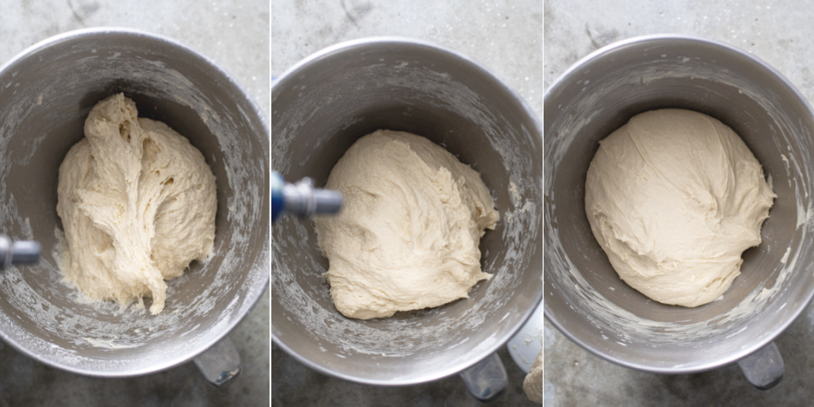 Steps showing the readiness of the pizza dough while in a stand mixer, the first image with not enough flour, and the final image of just the right amount after kneading.