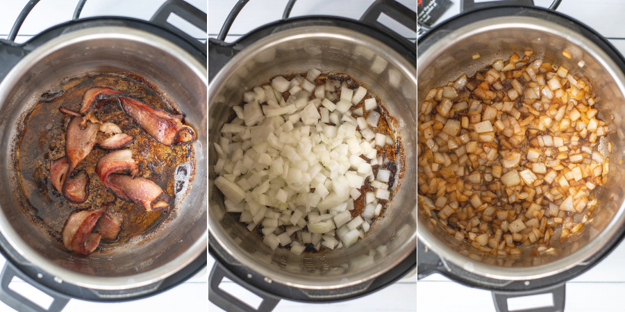 Collage showing the bacon being cooked on sauté mode and then adding onions to the bacon grease and sautéing the onions.