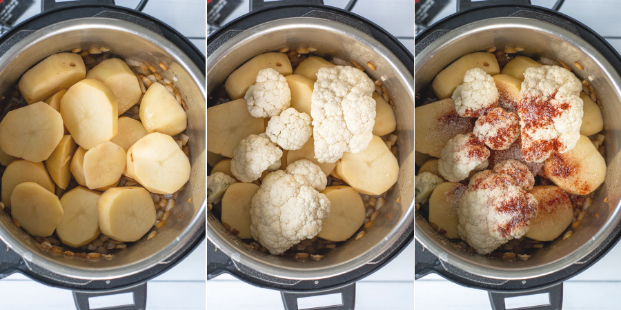 Collage showing the steps of adding the potatoes to the pressure cooker, than the cauliflower, then the seasonings.