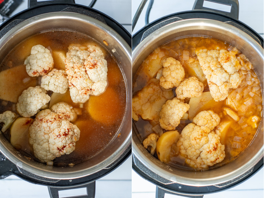Collage showing the ingredients in the instant pot before cooking and then the ingredients cooked in the pot after removing the lid.