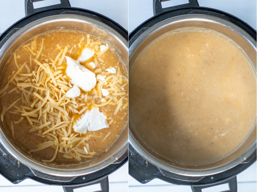 Collage showing steps of adding cheese and sour cream to pot and the smooth creamy soup.
