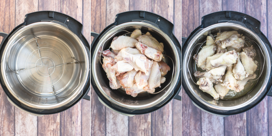 Collage showing the steps of adding the chicken wings to the pressure cooker and cooking them.