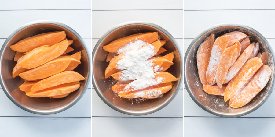The steps being shown to toss the sweet potato wedges in the cornstarch and salt.