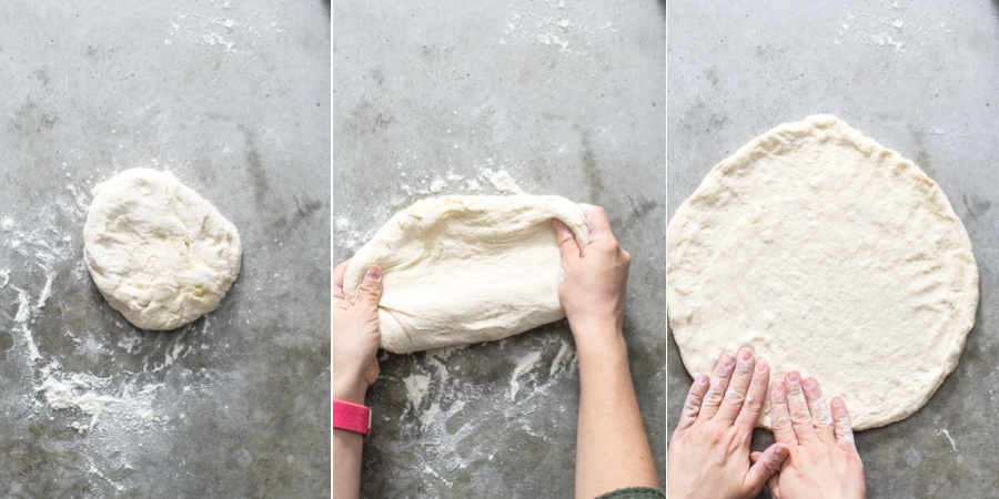 Collage of the pizza dough being stretched and pressed into shape.
