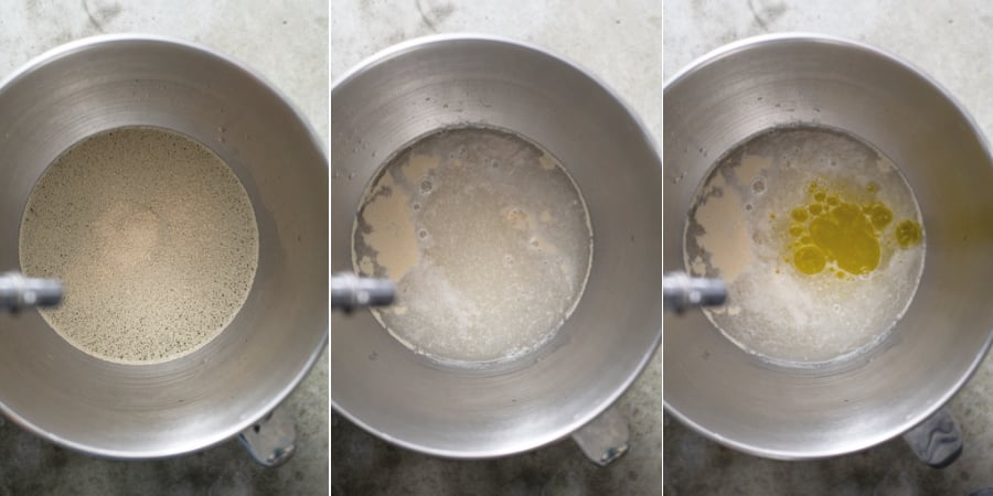 Collage of the yeast being adding and blooming in a bowl of water, then the oil and salt getting added.