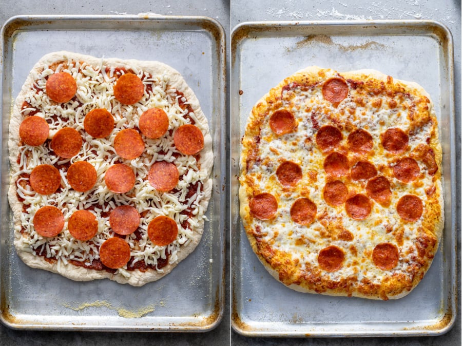 Collage with photos of pizza before being cooked at after being cooked on a sheet pan.