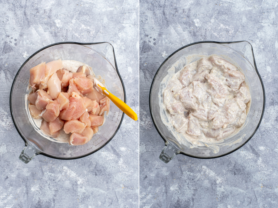 Adding the chicken to the yogurt marinade for the tikka masala.