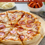 Pinterest Pin with text "Homemade Pizza", image of a cooked pizza.