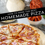 Pinterest Pin with text "How to make the best Homemade Pizza", images of ingredients needed and a cooked pizza.